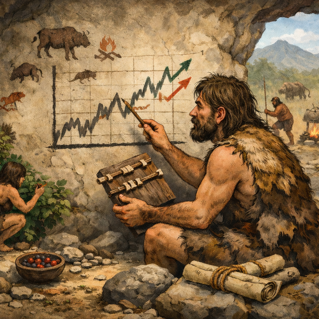 Cave man looking at a chart